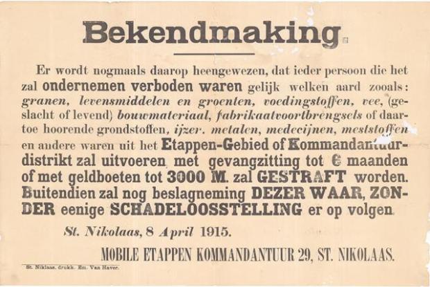 Verordening van de mobiele Etappenkommandatur waarbij het verbod wordt herhaald op de uitvoer van alle goederen uit het Etappegebied (8 april 1915) (GAB Beveren- Waas, Oorlogsaffiches, WOI_1_23)