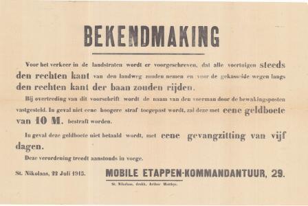 Verordening van de mobiele Etappenkommandatur op het verplicht rechts rijden voor alle voertuigen (22 juli 1915) (GAB Beveren- Waas, Oorlogsaffiches, WOI_2_26)