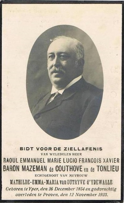 Raoul Emmanuel Lucio François-Xavier, baron de Mazeman de Couthove (1854-1923), was burgemeester van Proven in opvolging van zijn vader Jules Maziman (1811-1879). Hij trouwde in 1889 met Mathilde van Outryve d'Ydewalle (1867-1945), dochter van senator en volksvertegenwoordiger Eugène-Edouard. (Privécollectie) 